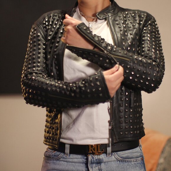 Lamarque Leather Jacket Black with Silver Studs - Picture 2 of 16